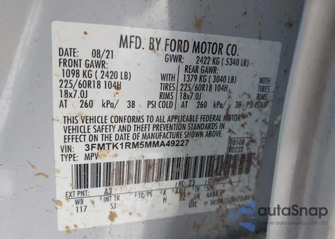 2021 Ford Mustang Mach-E Select из США, поврежденный, VIN 3FMTK1RM5MMA49227